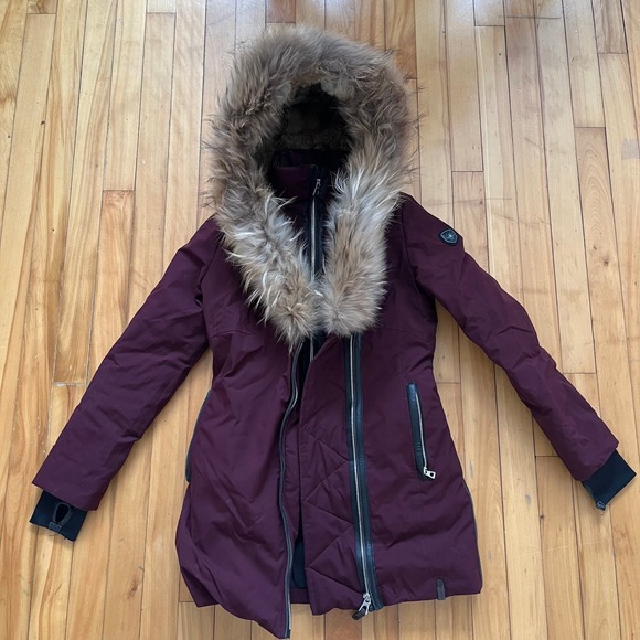 RUDSAK Jackets & Blazers - Rudsak Burgundy Down Parka with Raccoon and Rabbit Fur Trim Hood Leather Accents